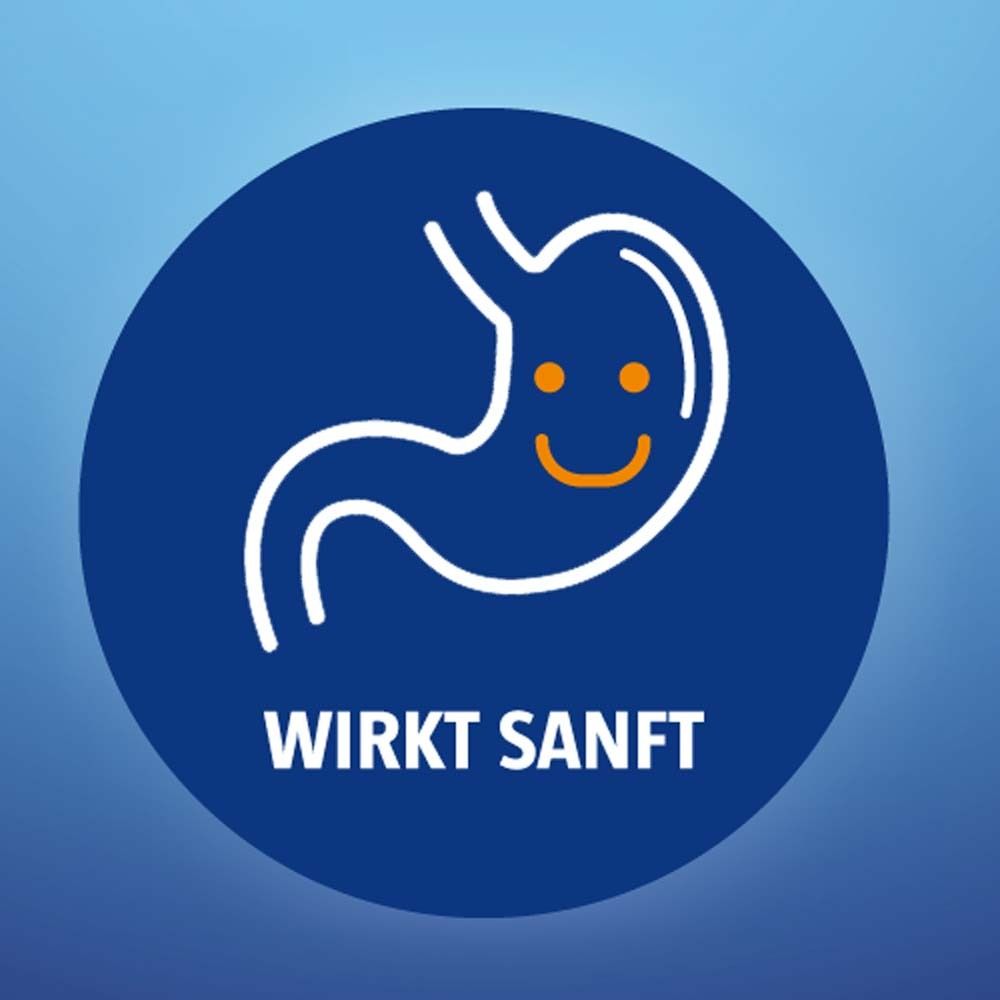 Blauer Kreis mit weißem Magensymbol und lächelndem Gesicht. Text: Wirkt sanft.