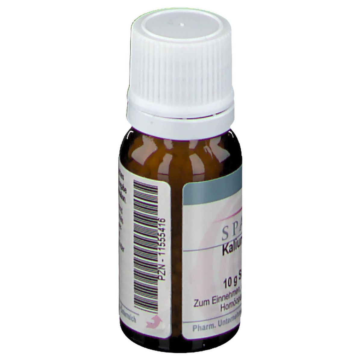 Braune Glasflasche mit weißem Deckel. Etikett mit Produktinformationen und Barcode.