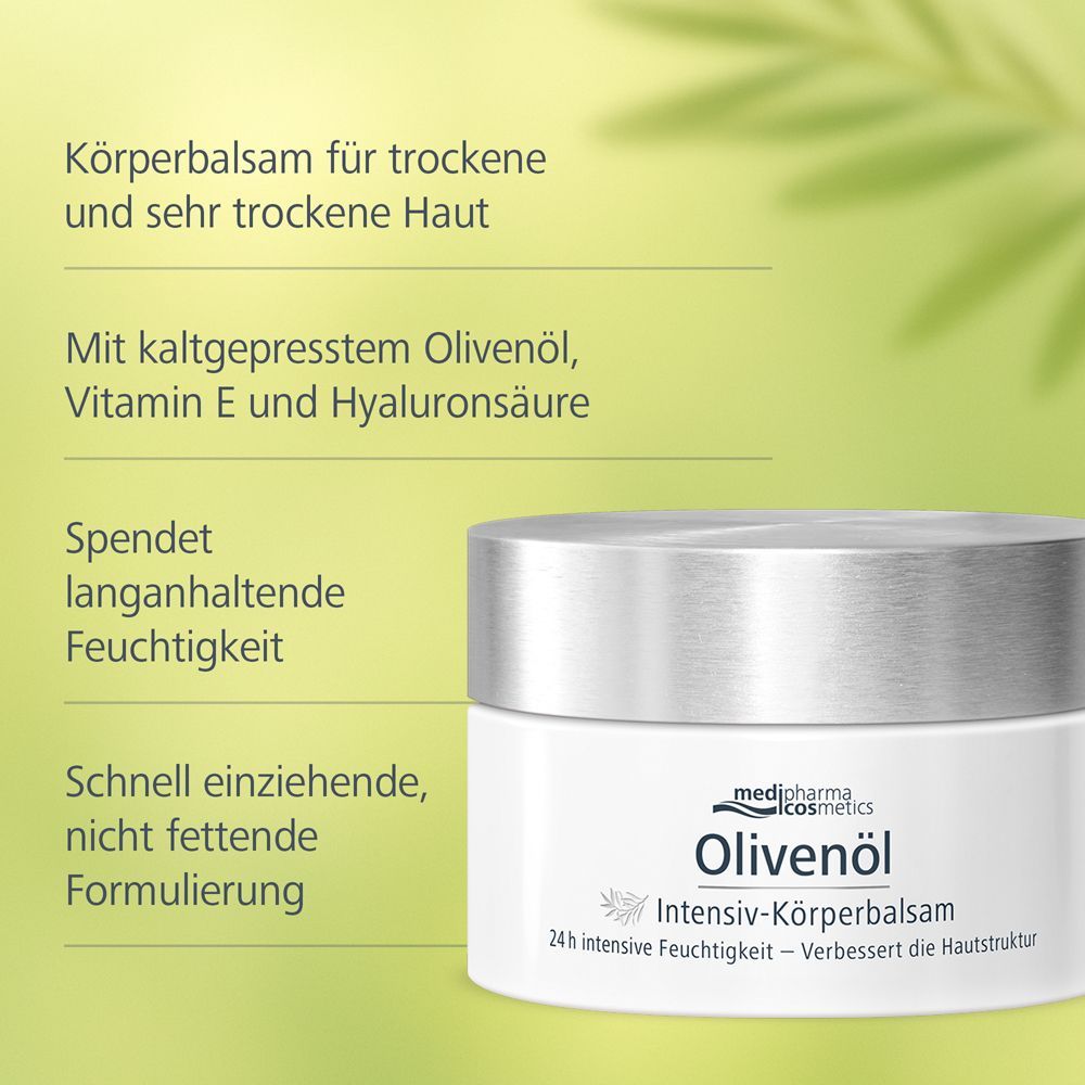 Weißer Tiegel mit Produkttext. Text: Olivenöl Intensiv-Körperbalsam. Grün-weißer Hintergrund mit Text.