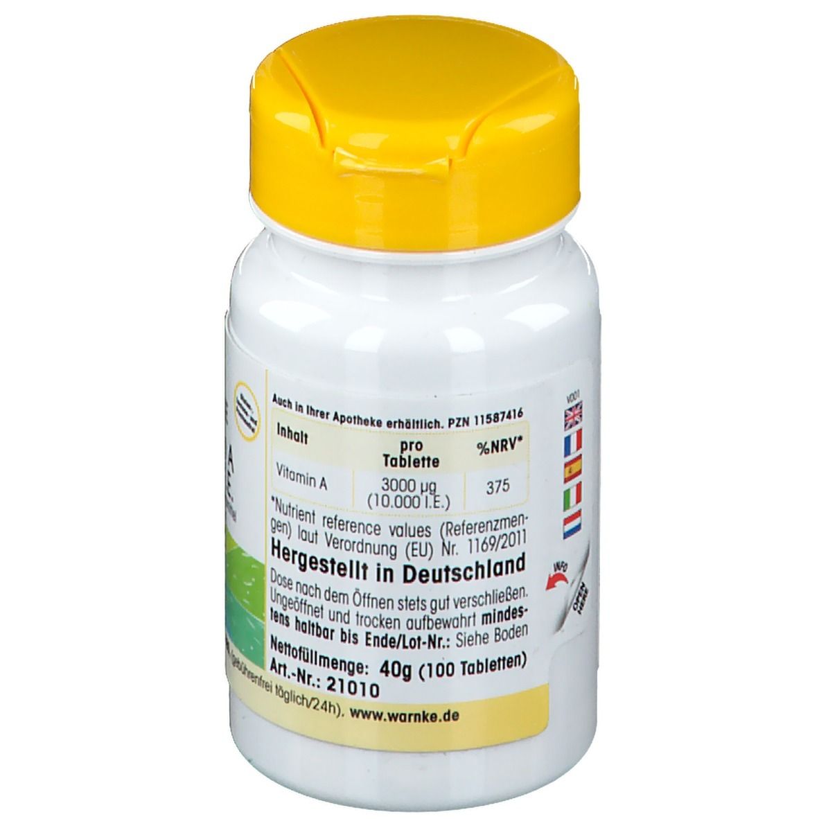 Rückseite der Tablettenflasche. Gelber Aufkleber mit Informationen. Aufschrift: Vitamin A, 3000 µg (10.000 I.E.). Hergestellt in Deutschland.