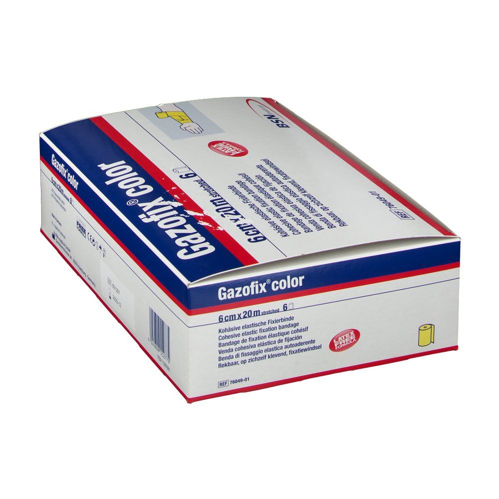 Gazofix color Verpackung. Aufschrift: 6 cm x 20 m, gelb. Rote und blaue Streifen. BSN medical Logo. Latex-frei.