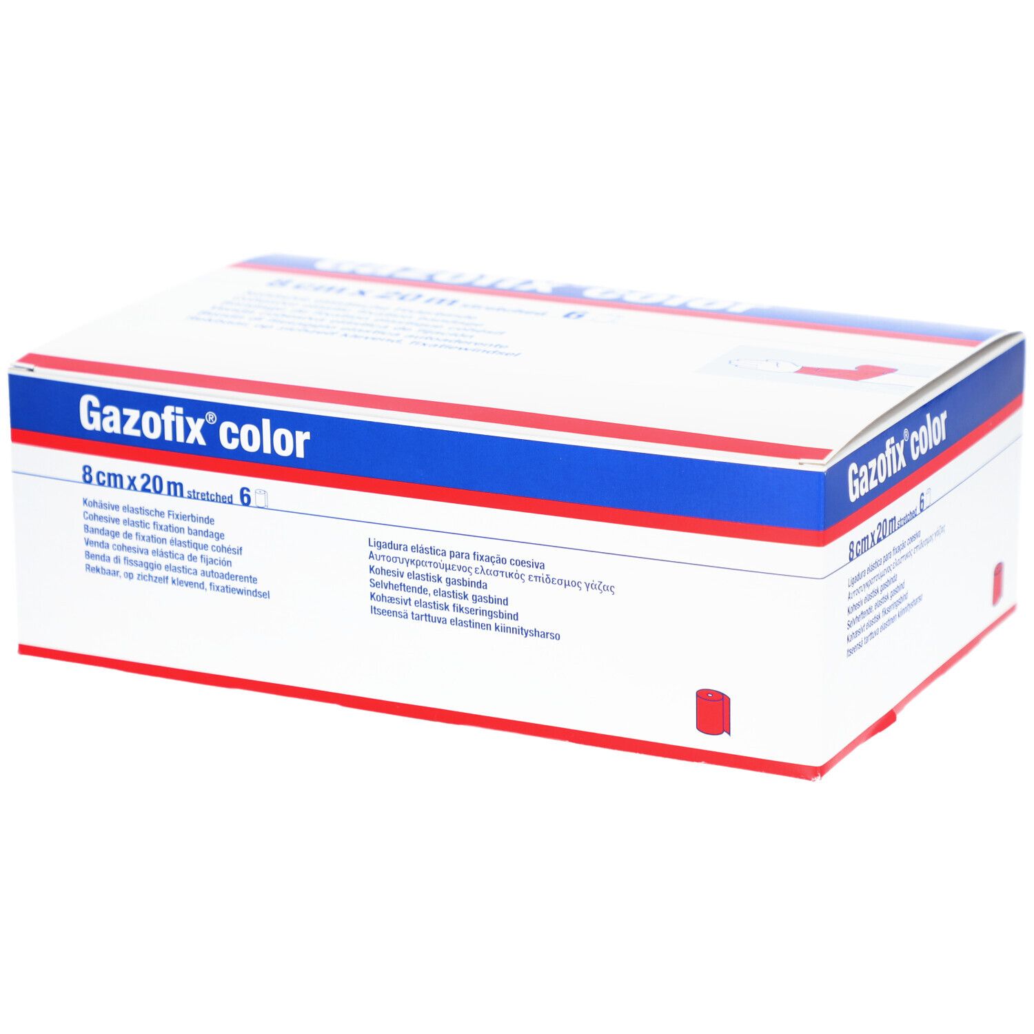 Gazofix color Fixierbinde-Verpackung. 8cm x 20m, 6 Stück. Weißer Karton mit blauen und roten Streifen. Produktname und Maße deutlich sichtbar.