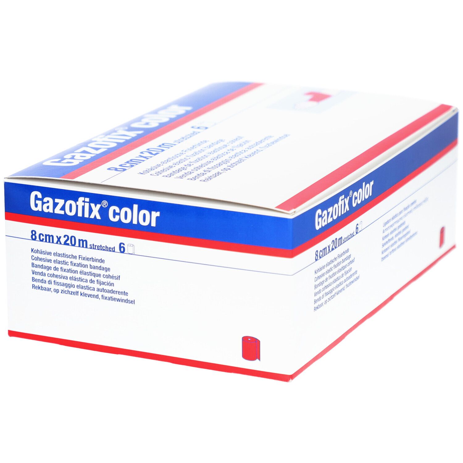 Gazofix color Verpackung. 8cm x 20m, 6 Stück. Weiße Schachtel mit blauen und roten Streifen. Produktname und Maße deutlich sichtbar.