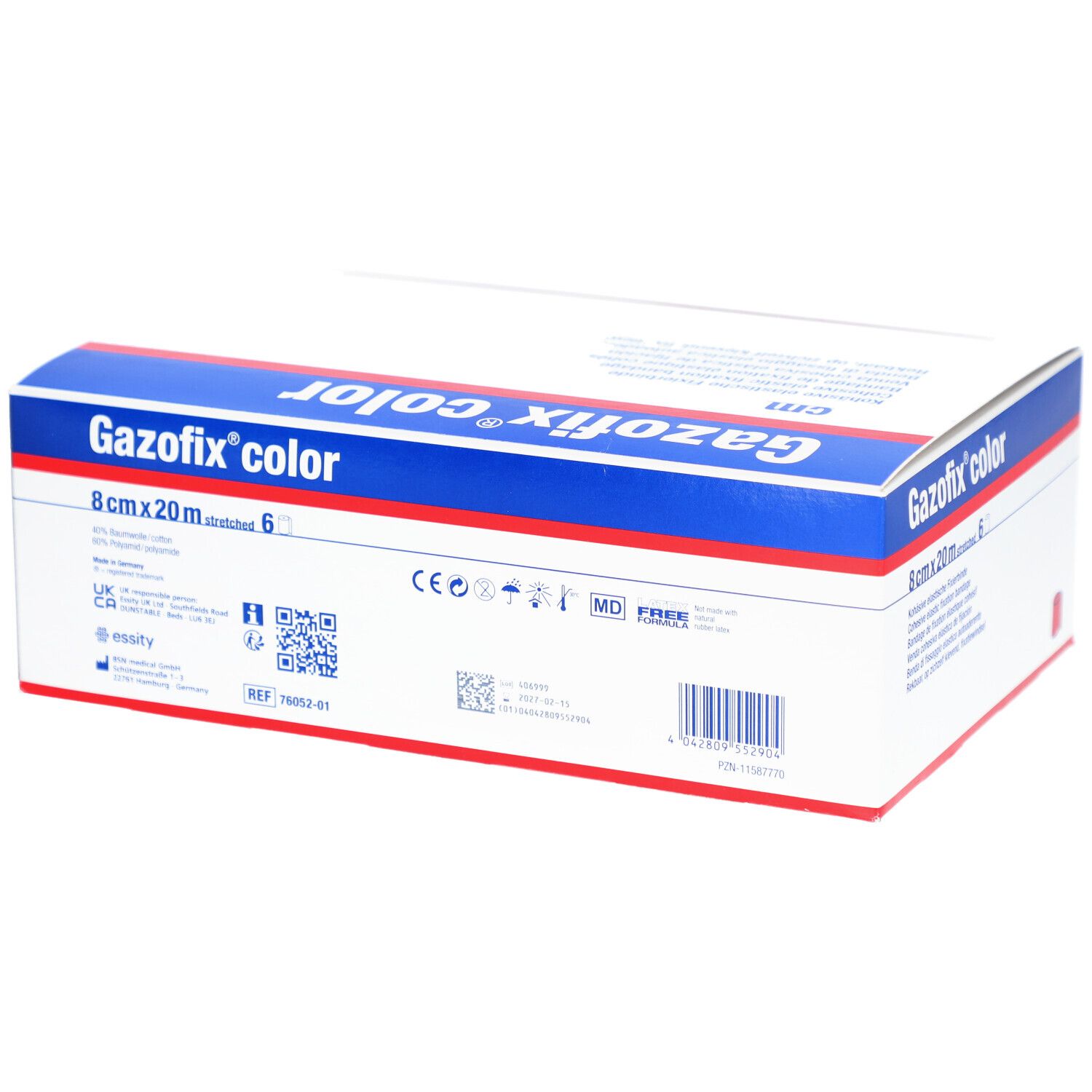 Gazofix color Verpackung. 8cm x 20m, 6 Stück. Weiße Schachtel mit blauen und roten Streifen. Produktname und Maße deutlich sichtbar. QR-Code.