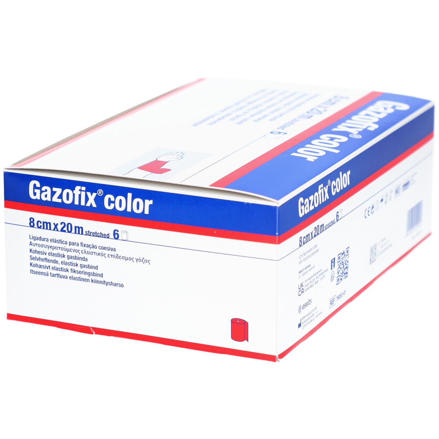 Gazofix color Verpackung. 8cm x 20m, 6 Stück. Weiße Schachtel mit blauen und roten Streifen. Produktname und Maße deutlich sichtbar.