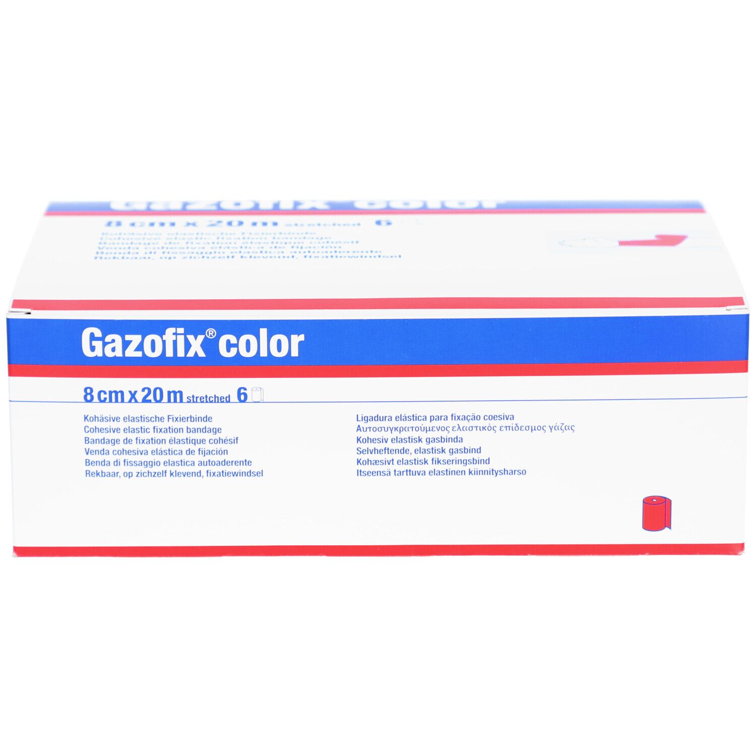 Gazofix color Verpackung. 8cm x 20m, 6 Stück. Weiße Schachtel mit blauen und roten Streifen. Produktname und Maße deutlich sichtbar.