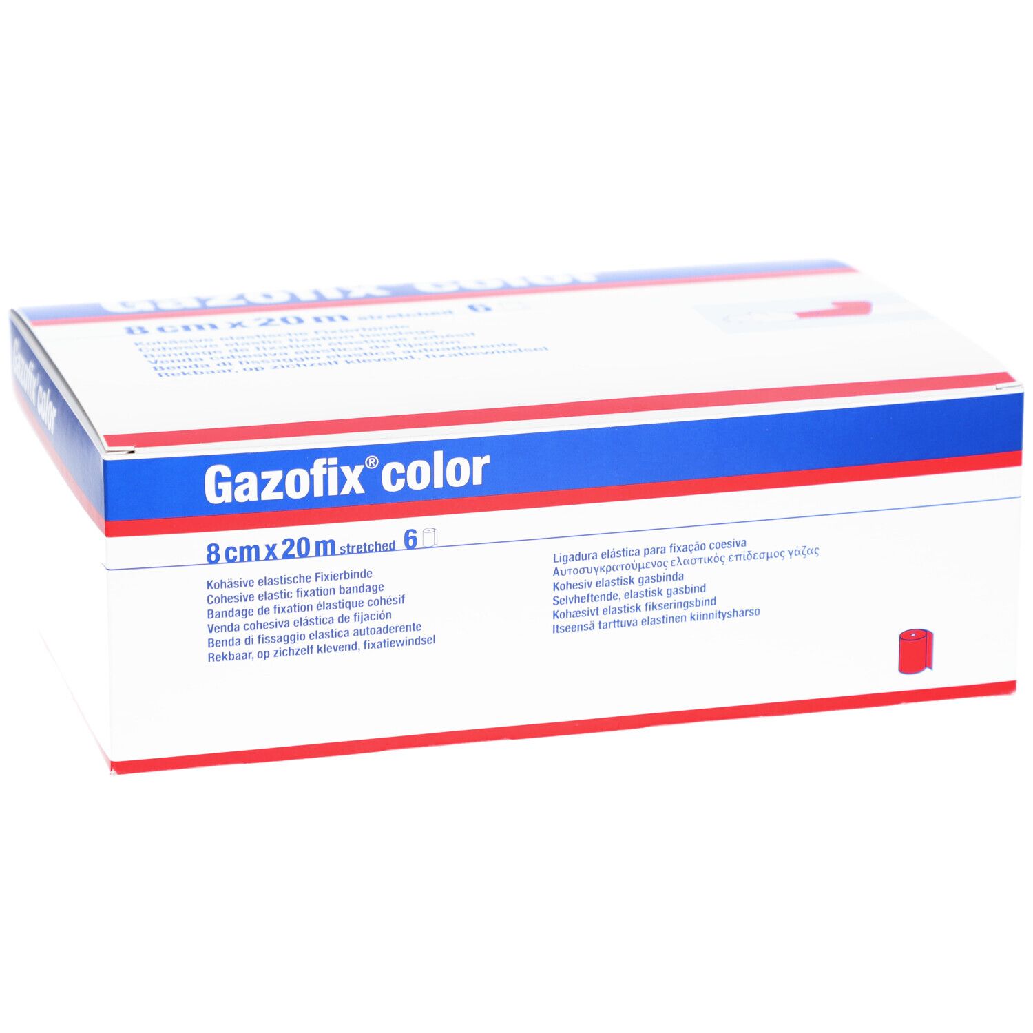 Gazofix color Verpackung. 8cm x 20m, 6 Stück. Weiße Schachtel mit blauen und roten Streifen. Produktname und Maße deutlich sichtbar.
