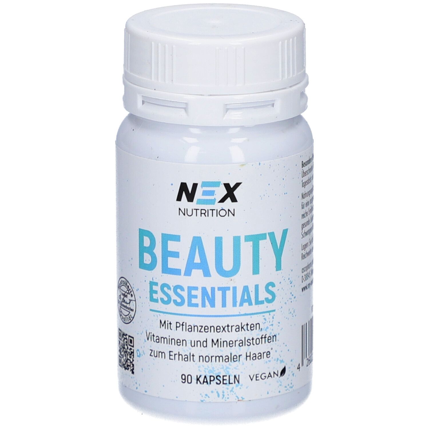 Weiße Flasche mit Kapseln. Aufschrift: NEX NUTRITION BEAUTY ESSENTIALS. 90 Kapseln, vegan.