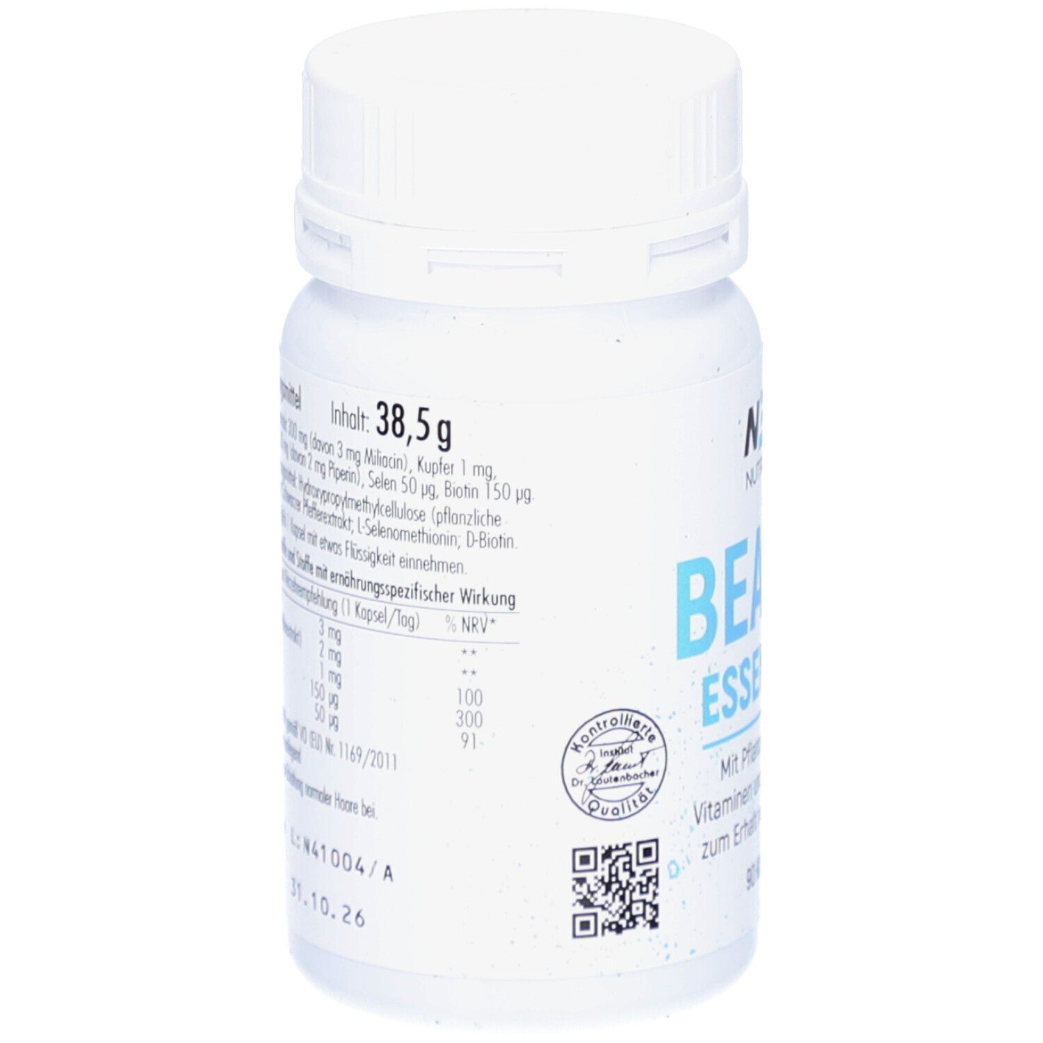 Rückseite der Kapsel-Flasche. Angaben zu Inhaltsstoffen und Nährwerten. Enthält 38,5 g.