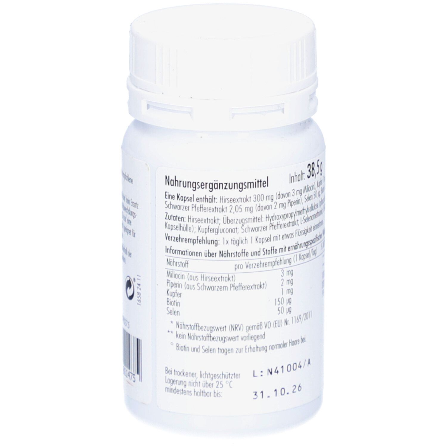 Rückseite der Kapsel-Flasche. Angaben zu Inhaltsstoffen und Nährwerten. Enthält 38,5 g.