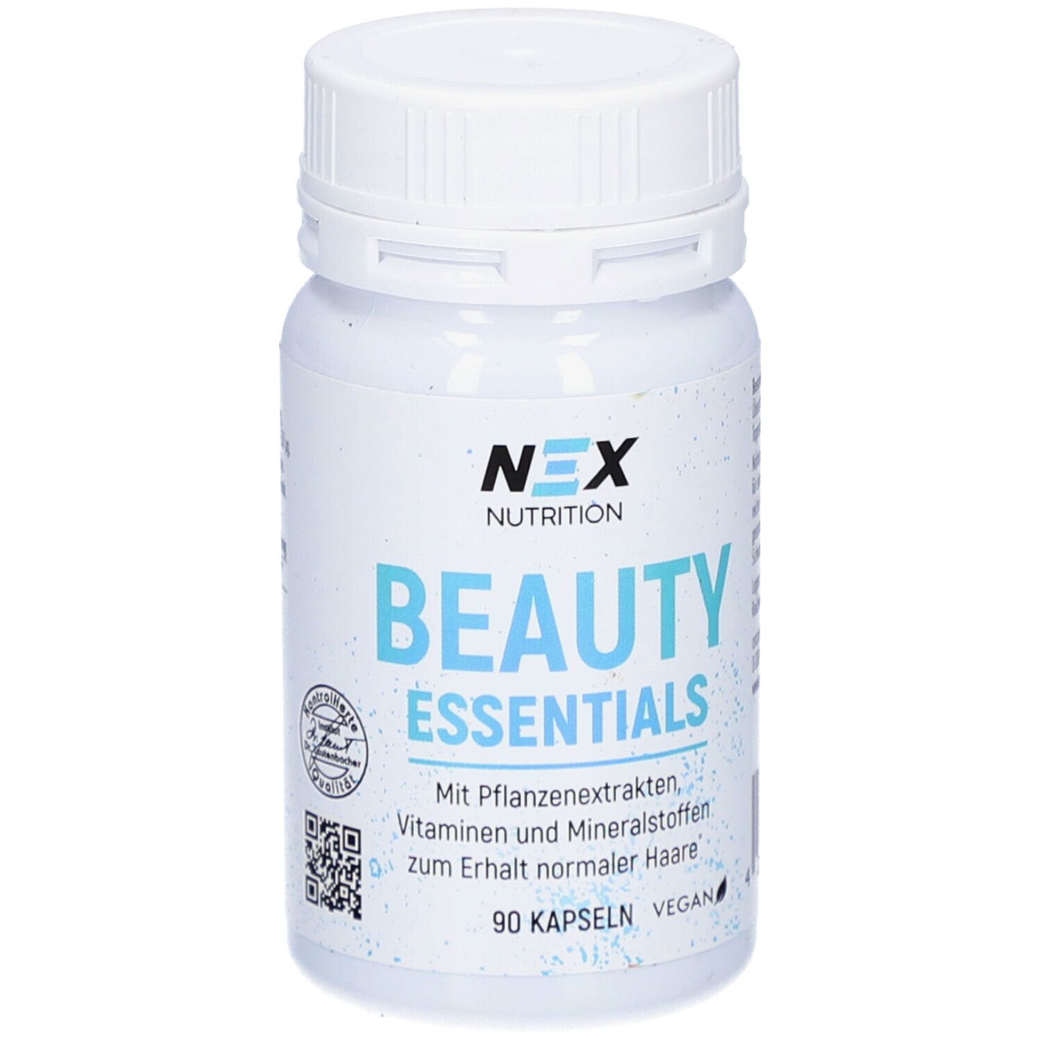 Weiße Flasche mit Kapseln. Aufschrift: NEX NUTRITION BEAUTY ESSENTIALS. 90 Kapseln, vegan.