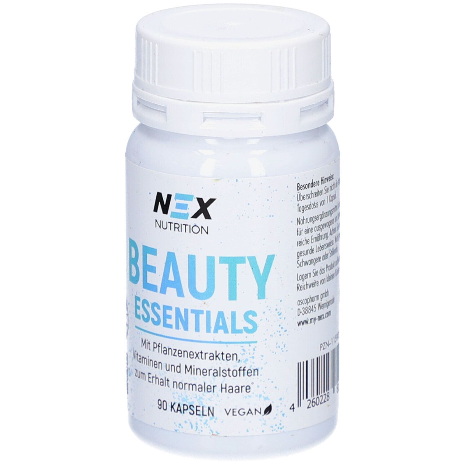 Weiße Flasche mit Kapseln. Aufschrift: NEX NUTRITION BEAUTY ESSENTIALS. 90 Kapseln, vegan.