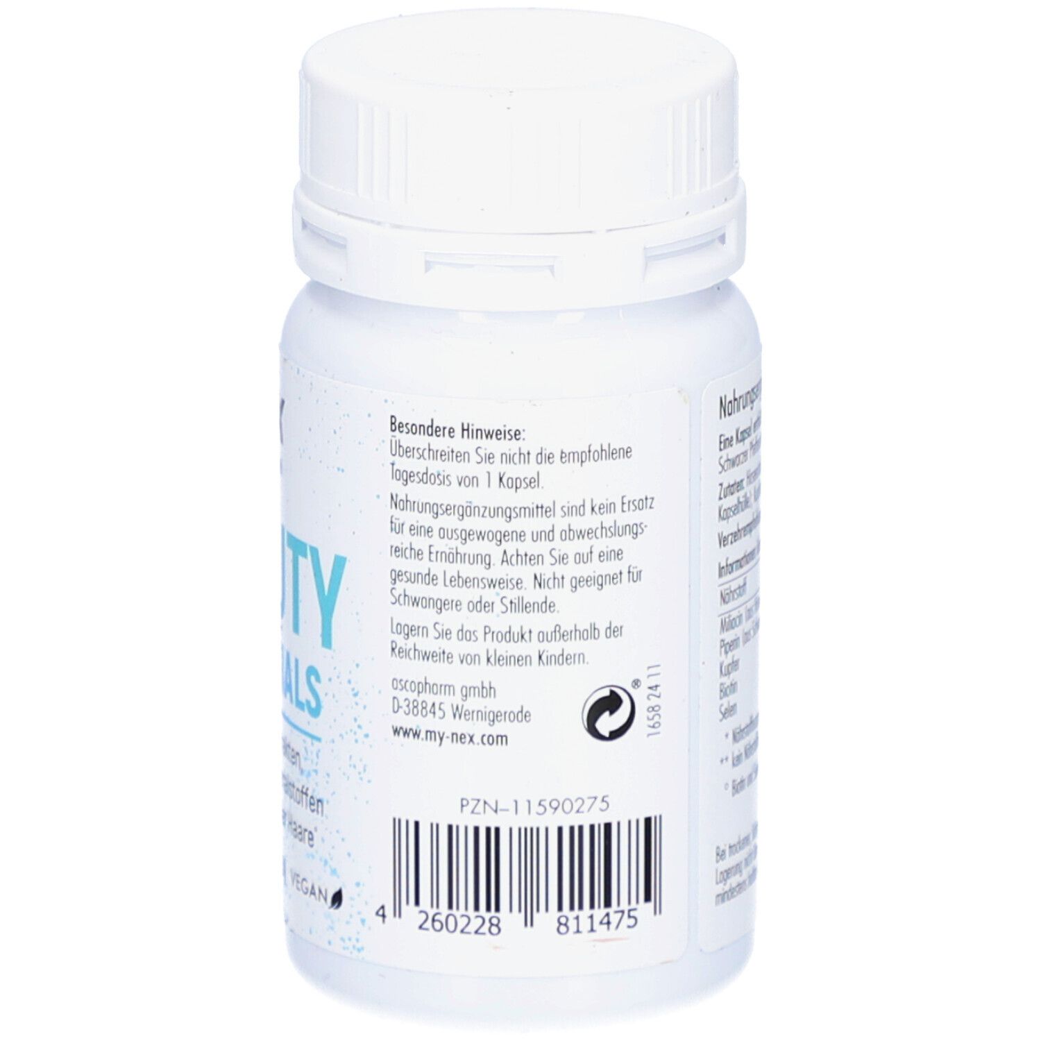 Rückseite der Kapsel-Flasche. Hinweise und Barcode. PZN-11590275.