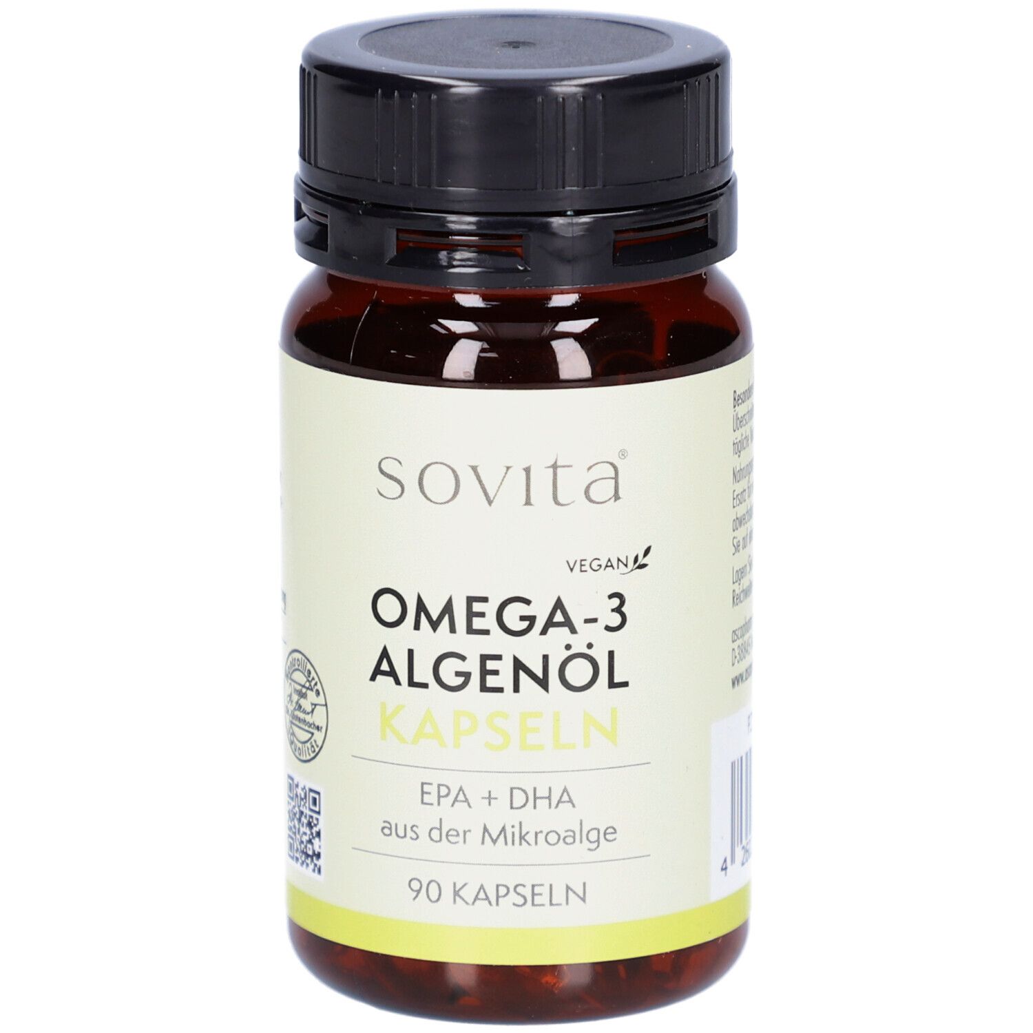 Braune Flasche mit schwarzen Deckel. Aufkleber mit Produktnamen: SOVITA Omega-3 Algenöl Kapseln. Vegan-Siegel.