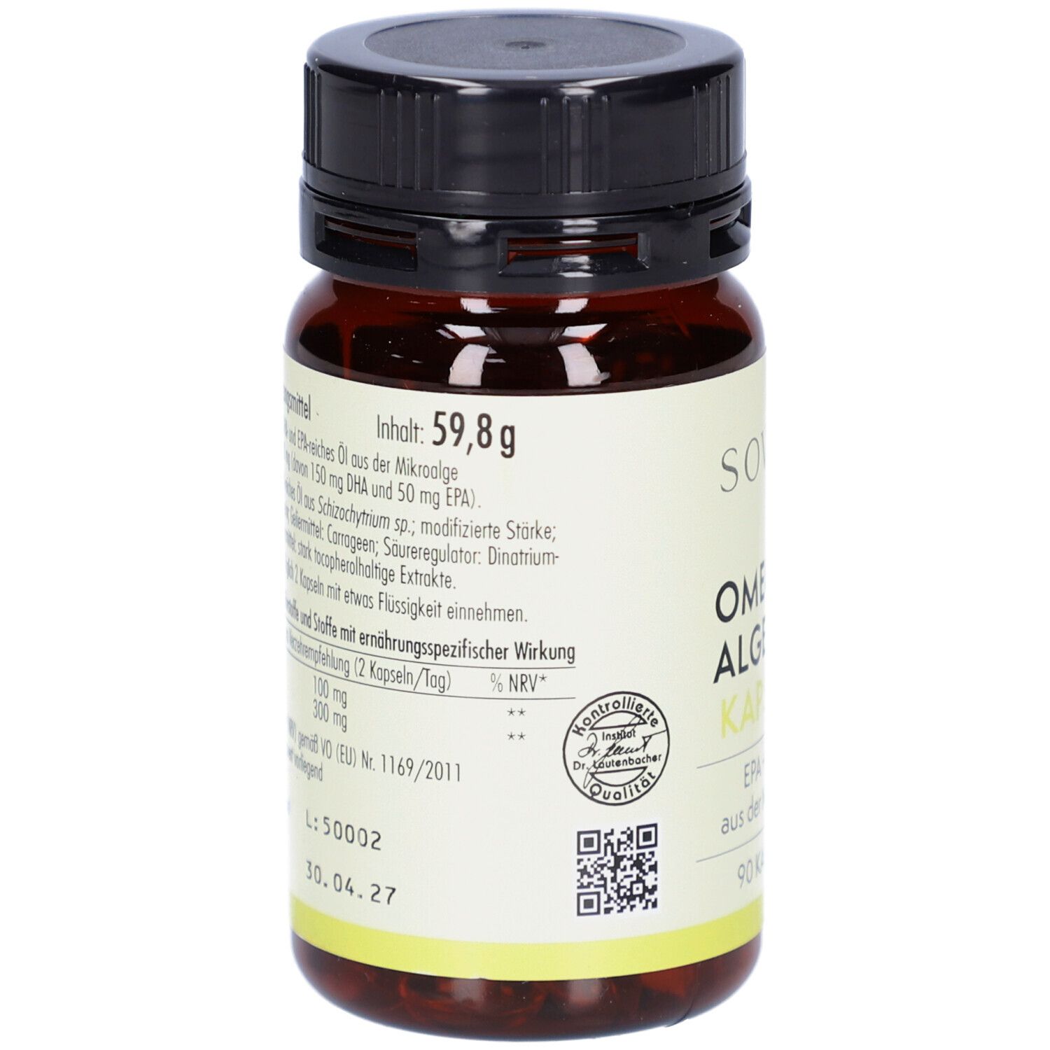 Rückseite der Flasche. Enthält Informationen zu Inhaltsstoffen und Nährwerten. Gewicht: 59,8g. QR-Code und Qualitätszertifikat.