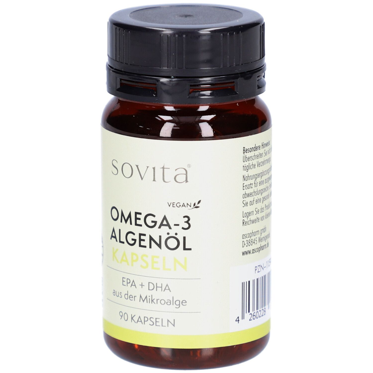 Braune Flasche mit schwarzen Deckel. Aufkleber mit Produktnamen: SOVITA Omega-3 Algenöl Kapseln. Vegan-Siegel.