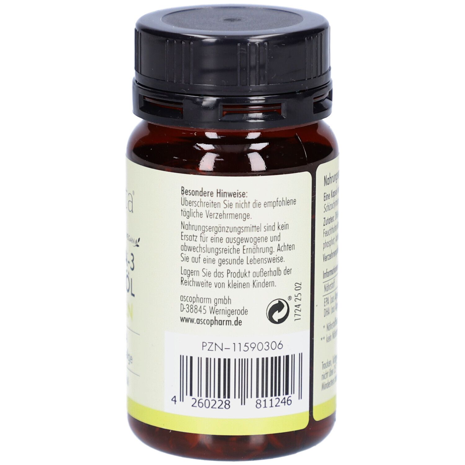 Rückseite der Flasche. Enthält Informationen und Warnhinweise. PZN-11590306. Mindesthaltbarkeitsdatum.