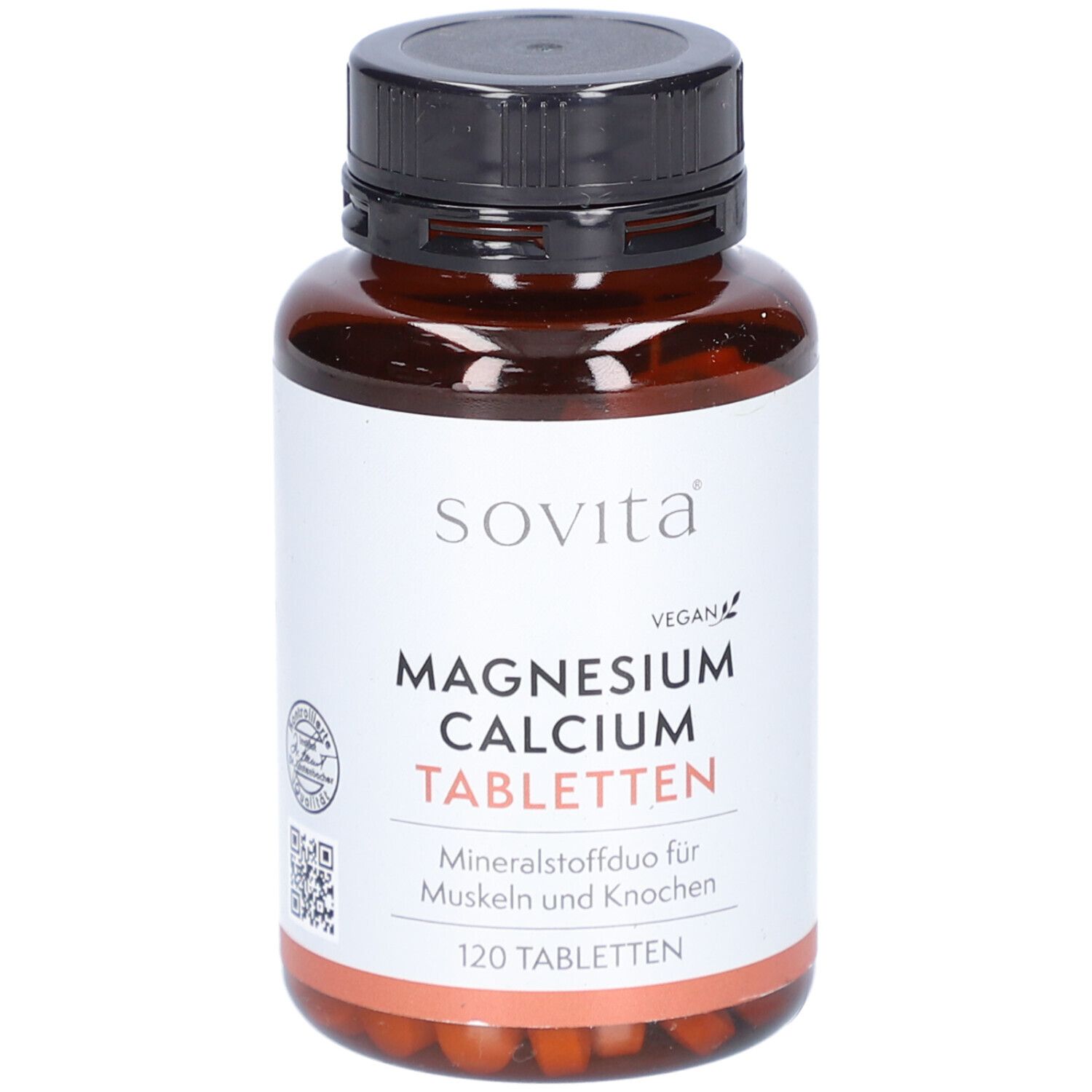 Braune Flasche mit schwarzen Deckel. Auf dem Etikett steht "sovita", "Magnesium Calcium Tabletten", "120 Tabletten".