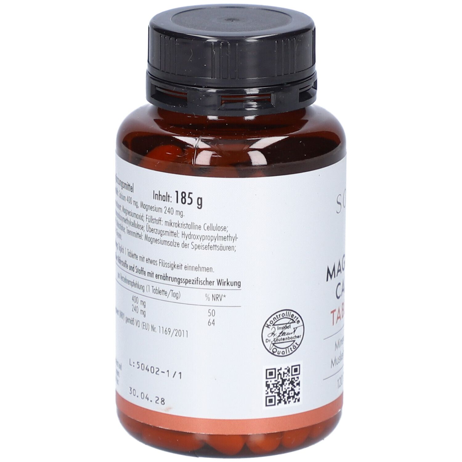 Rückseite einer braunen Flasche. Etikett mit Inhaltsangaben, Nährwertangaben und QR-Code. Enthält "Magnesium Calcium Tabletten".