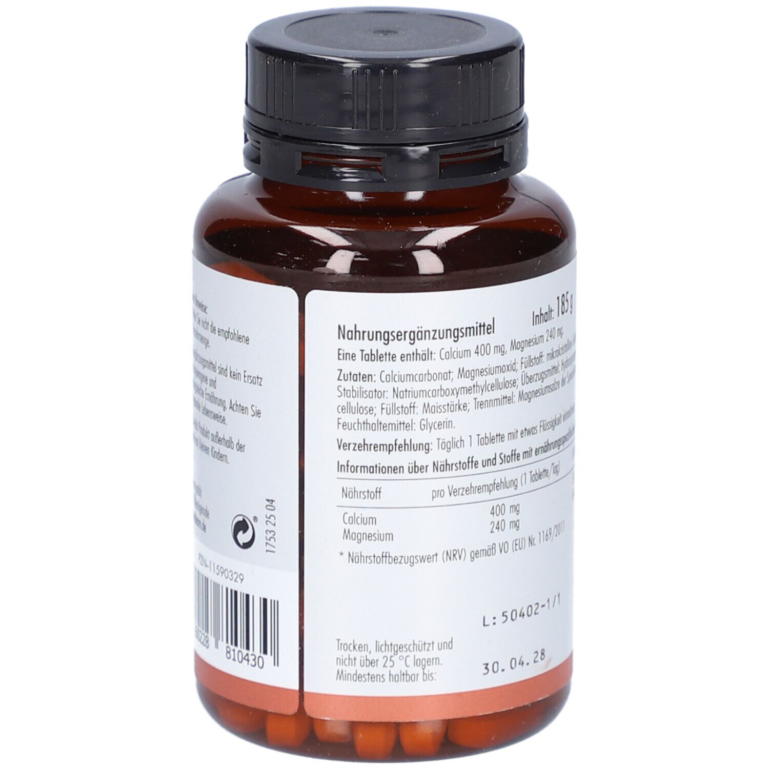 Rückseite einer braunen Flasche. Etikett mit Inhaltsangaben, Nährwertangaben und QR-Code. Enthält "Magnesium Calcium Tabletten".