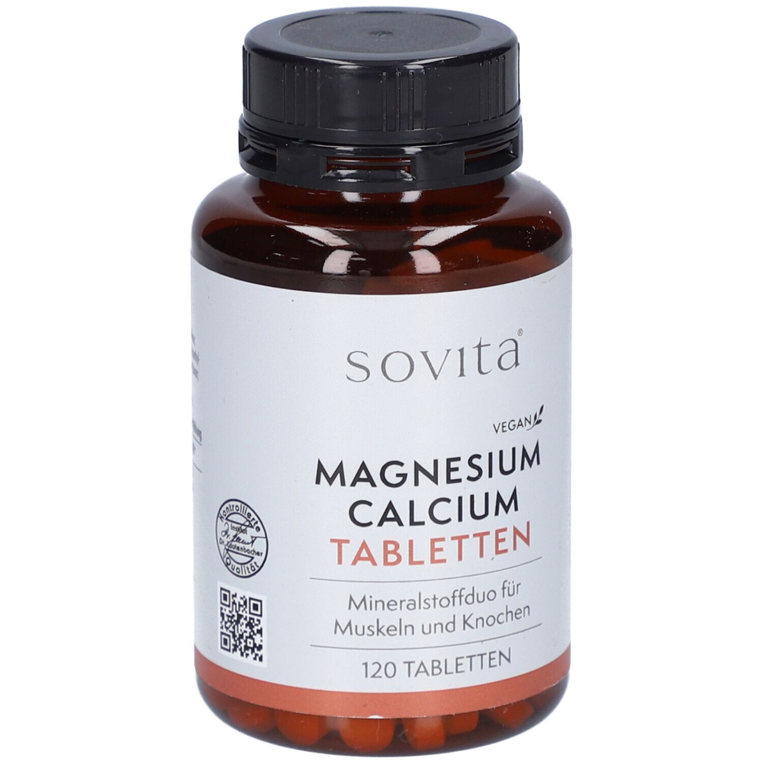 Braune Flasche mit schwarzen Deckel. Auf dem Etikett steht "sovita", "Magnesium Calcium Tabletten", "120 Tabletten".