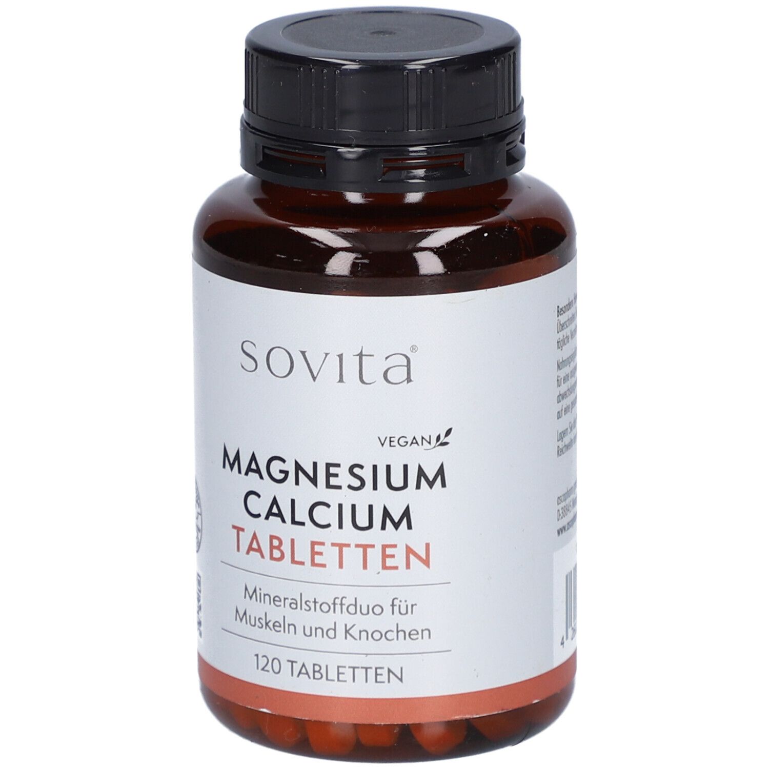 Braune Flasche mit schwarzen Deckel. Auf dem Etikett steht "sovita", "Magnesium Calcium Tabletten", "120 Tabletten".