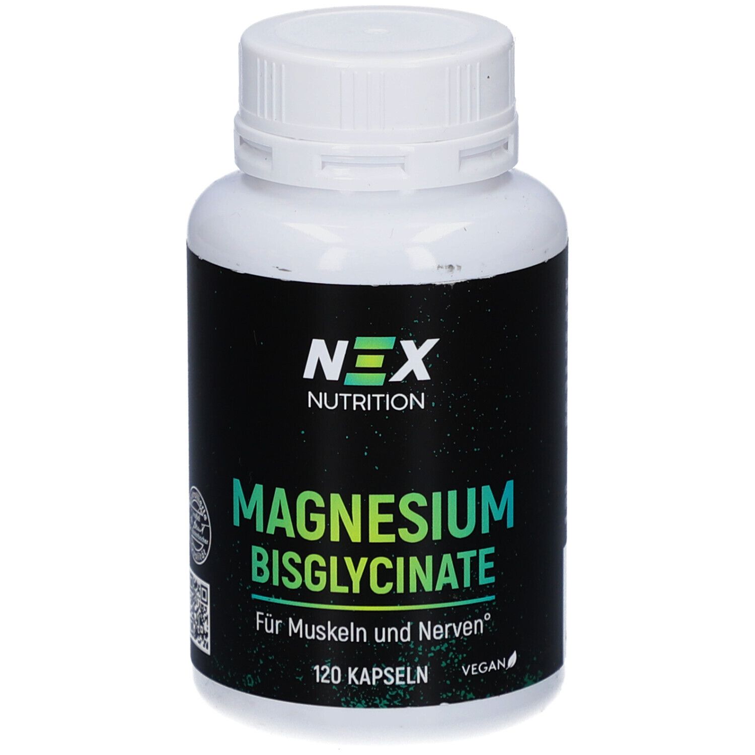 Weiße Flasche mit schwarzem Etikett. Aufschrift: NEX NUTRITION, Magnesium Bisglycinate, 120 Kapseln, vegan.