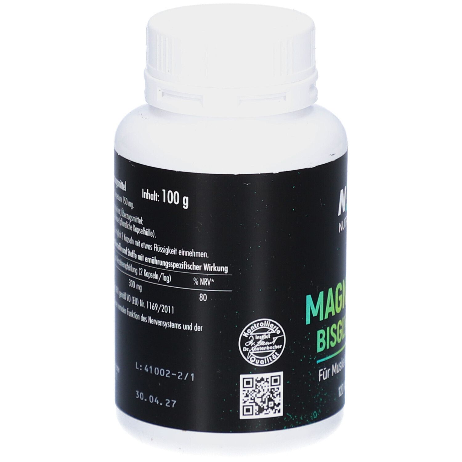 Rückseite der weißen Flasche. Schwarzes Etikett mit Informationen. Aufschrift: Magnesium Bisglycinate, 100 g, Inhaltsstoffe, QR-Code.