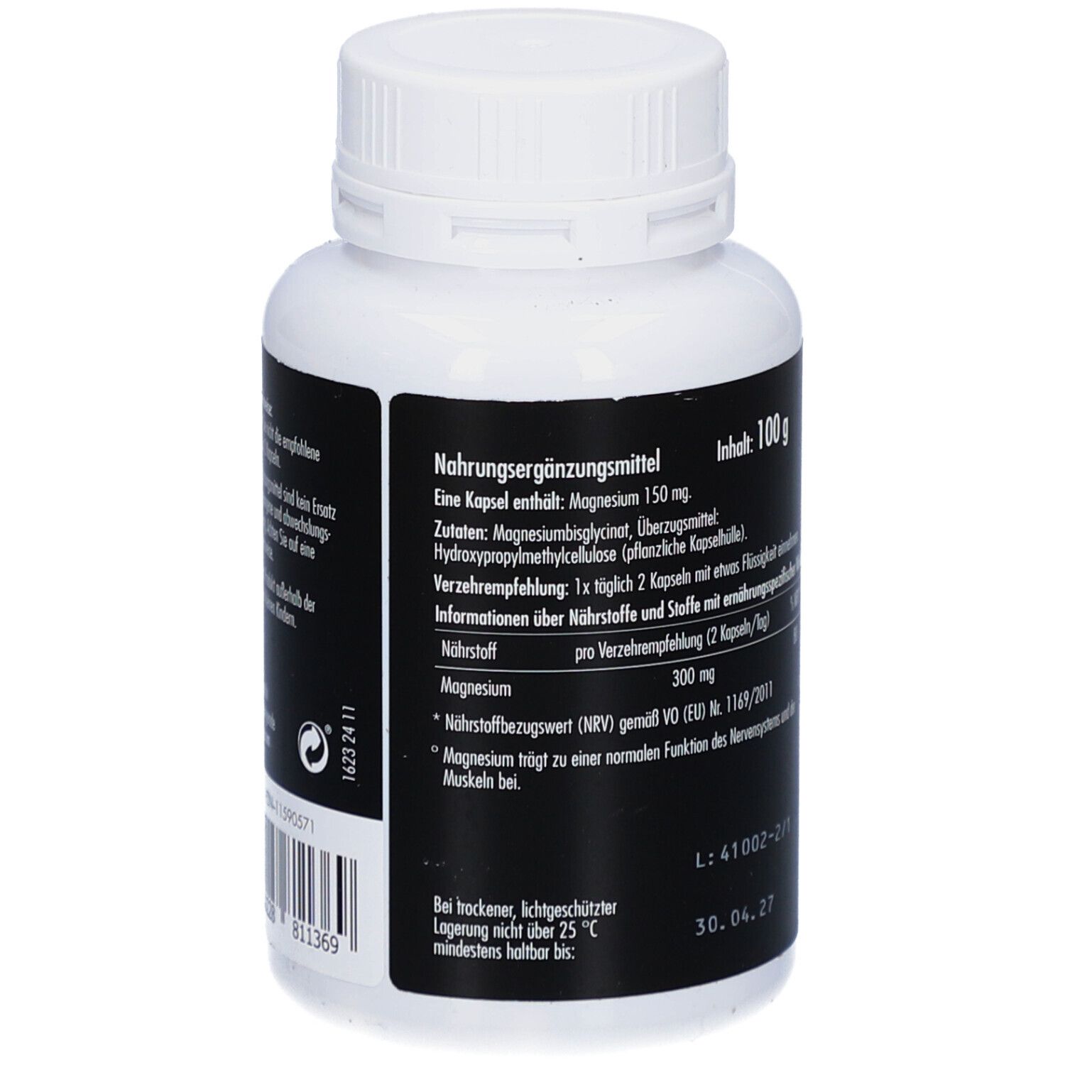 Rückseite der weißen Flasche. Schwarzes Etikett mit Informationen. Aufschrift: Nahrungsergänzungsmittel, Inhaltsstoffe, 100 g.