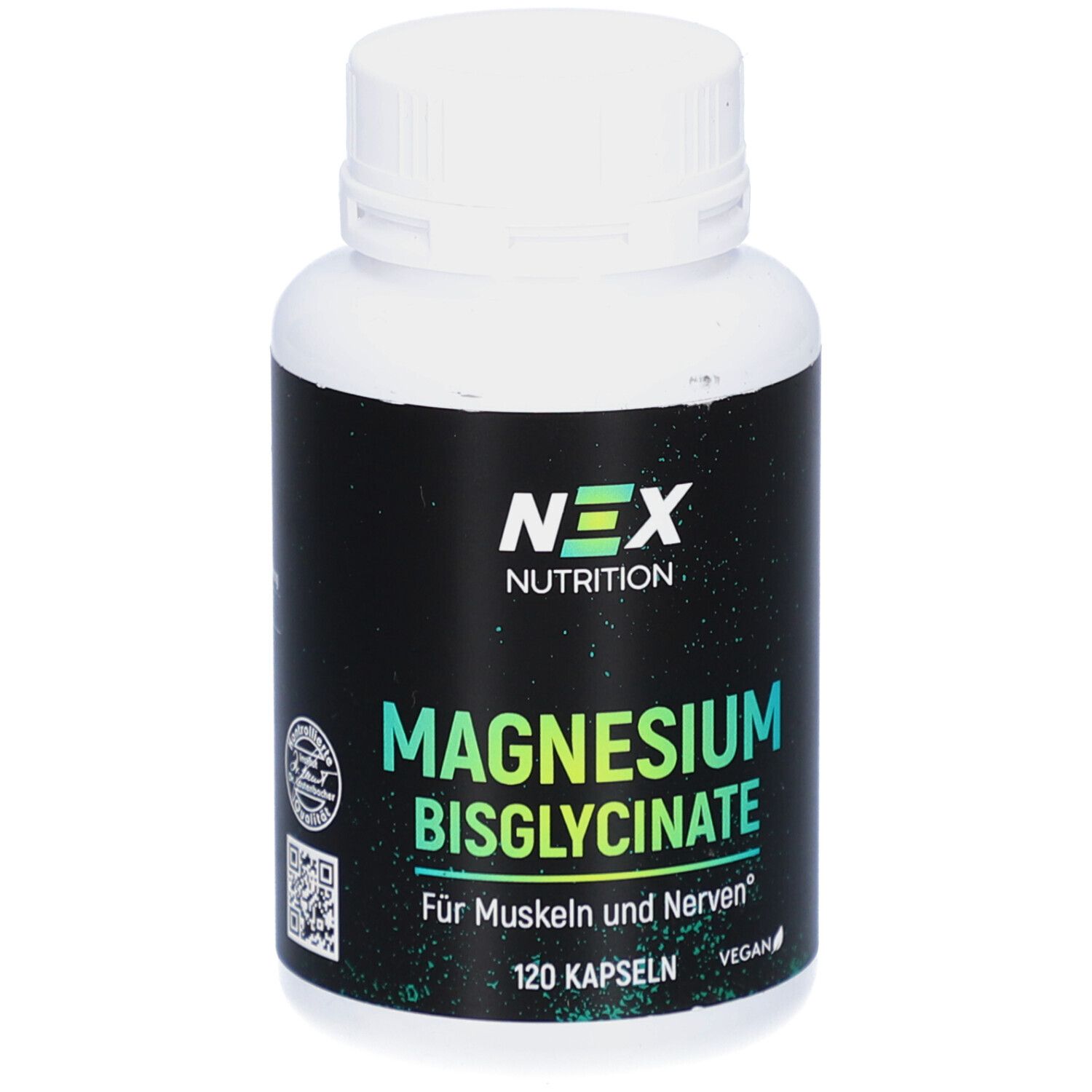 Weiße Flasche mit schwarzem Etikett. Aufschrift: NEX NUTRITION, Magnesium Bisglycinate, 120 Kapseln, vegan.