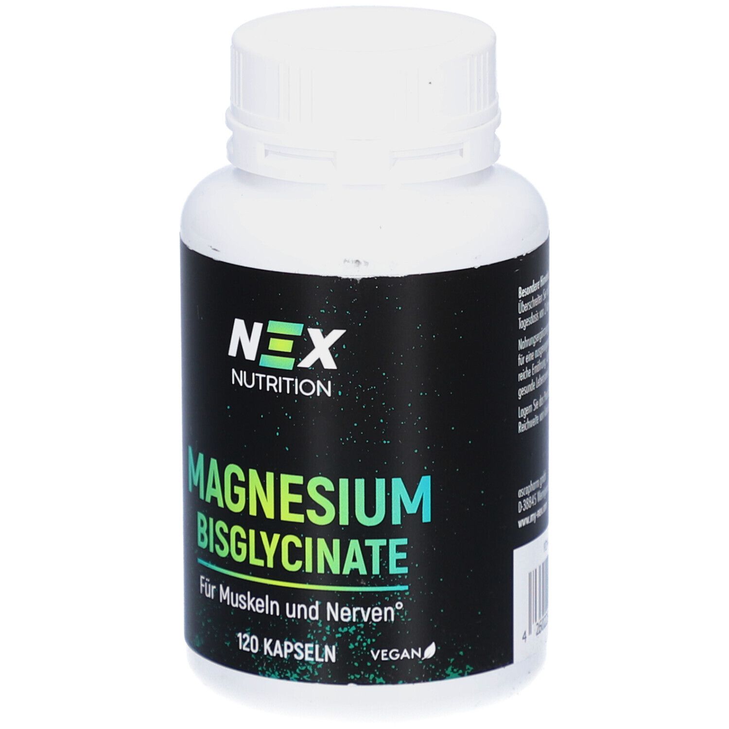 Weiße Flasche mit schwarzem Etikett. Aufschrift: NEX NUTRITION, Magnesium Bisglycinate, 120 Kapseln, vegan.