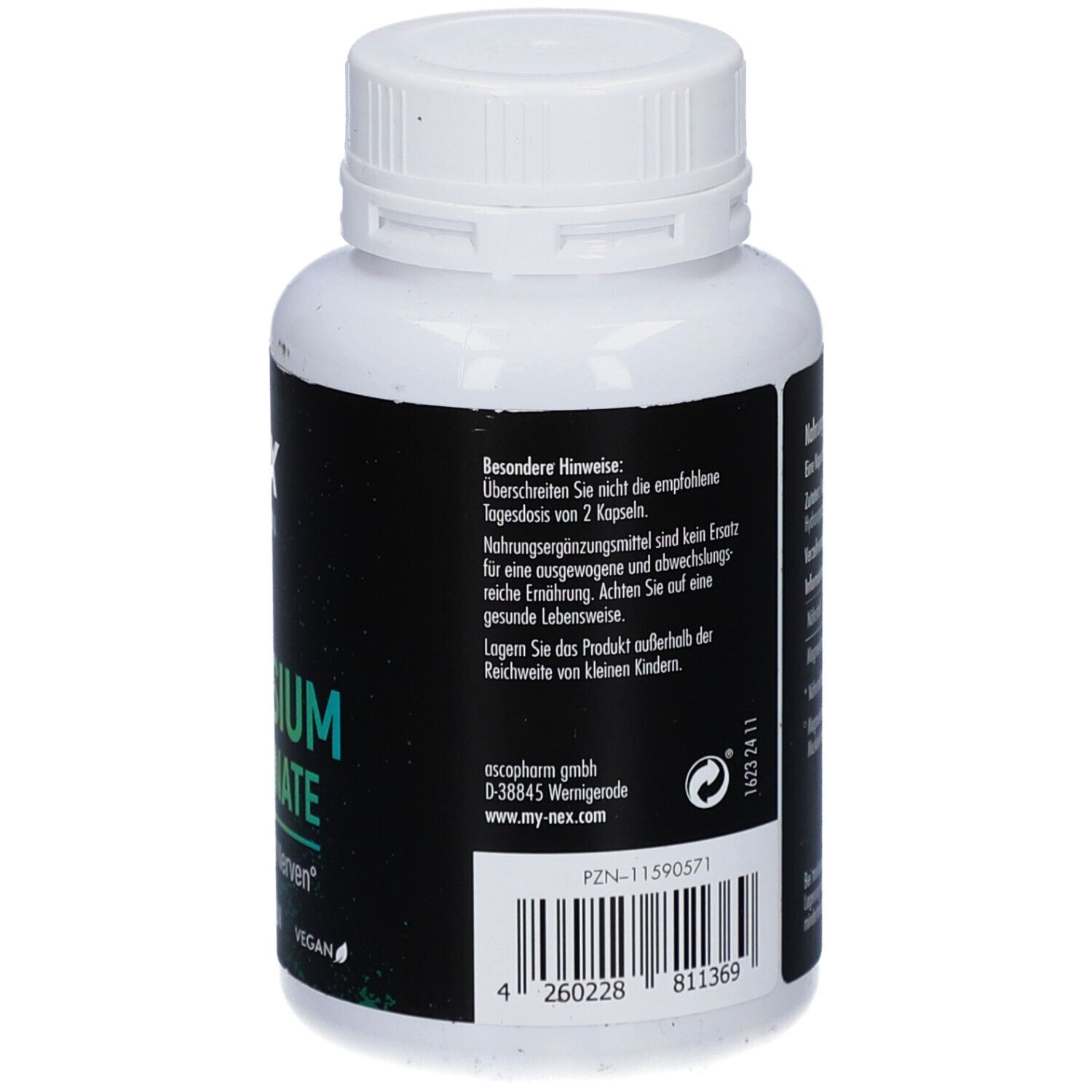 Rückseite der weißen Flasche. Schwarzes Etikett mit Informationen. Aufschrift: Besondere Hinweise, escopharm, PZN-11590571.