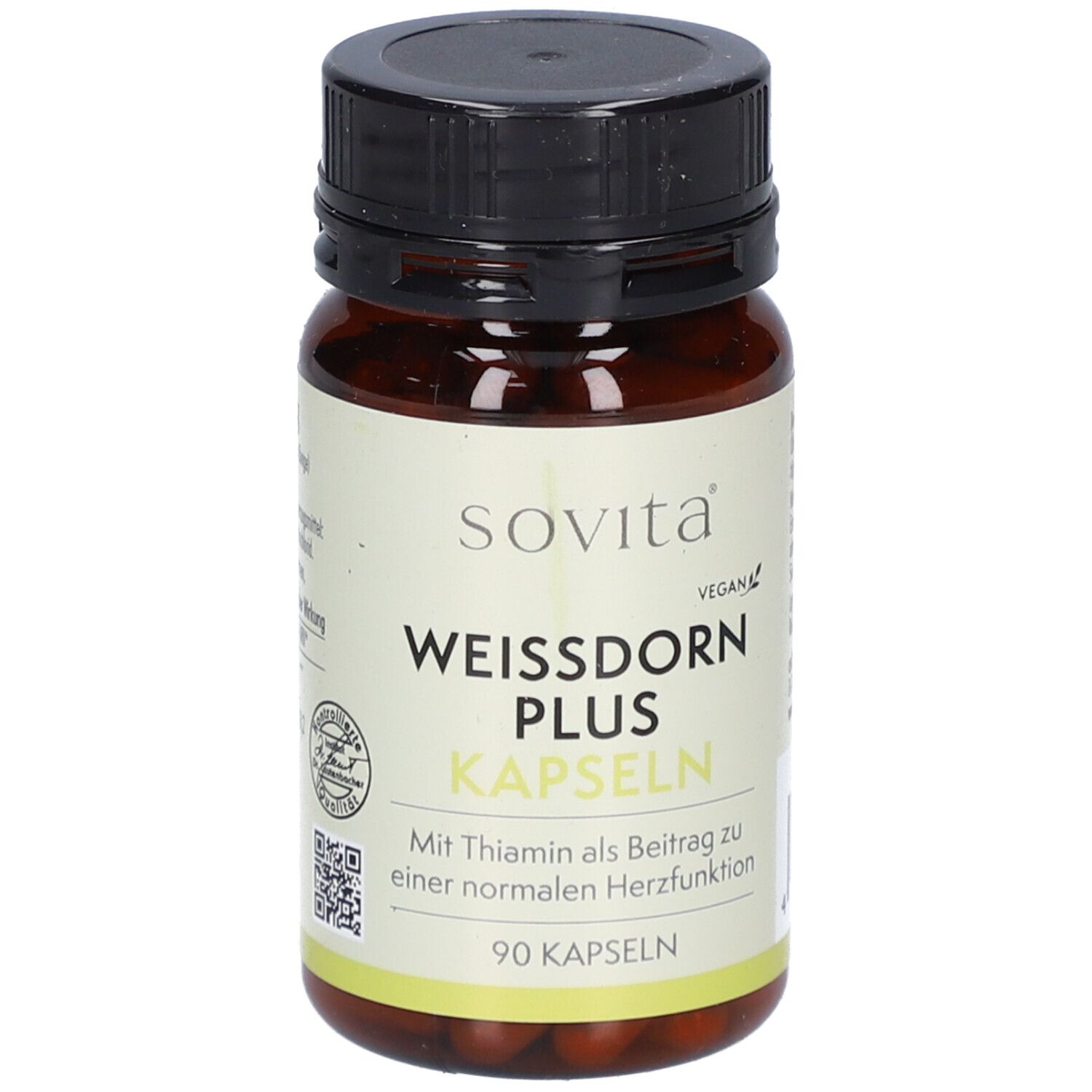 Braune Kapsel-Dose mit schwarzem Deckel. Aufschrift: SOVITA, WEISSDORN PLUS KAPSELN. 90 Kapseln.