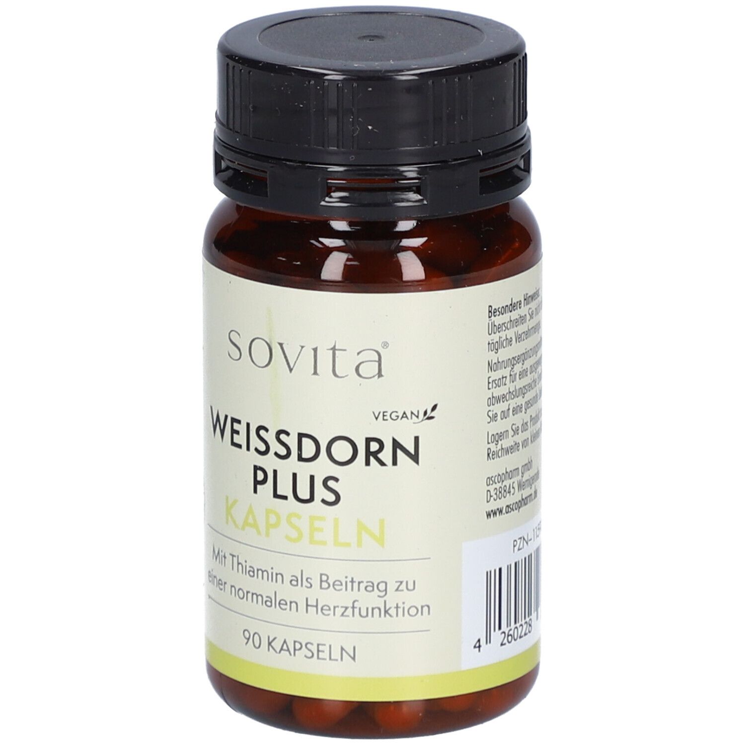 Braune Kapsel-Dose mit schwarzem Deckel. Aufschrift: SOVITA, WEISSDORN PLUS KAPSELN. 90 Kapseln. Vegan.