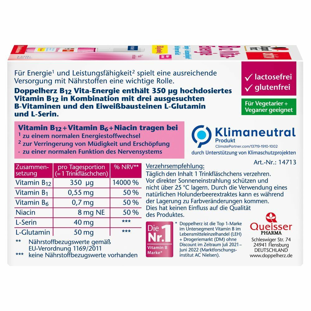 Verpackung von Doppelherz B12 Vita-Energie. Enthält Informationen zu Inhaltsstoffen, Nährwerten und Zertifizierungen.