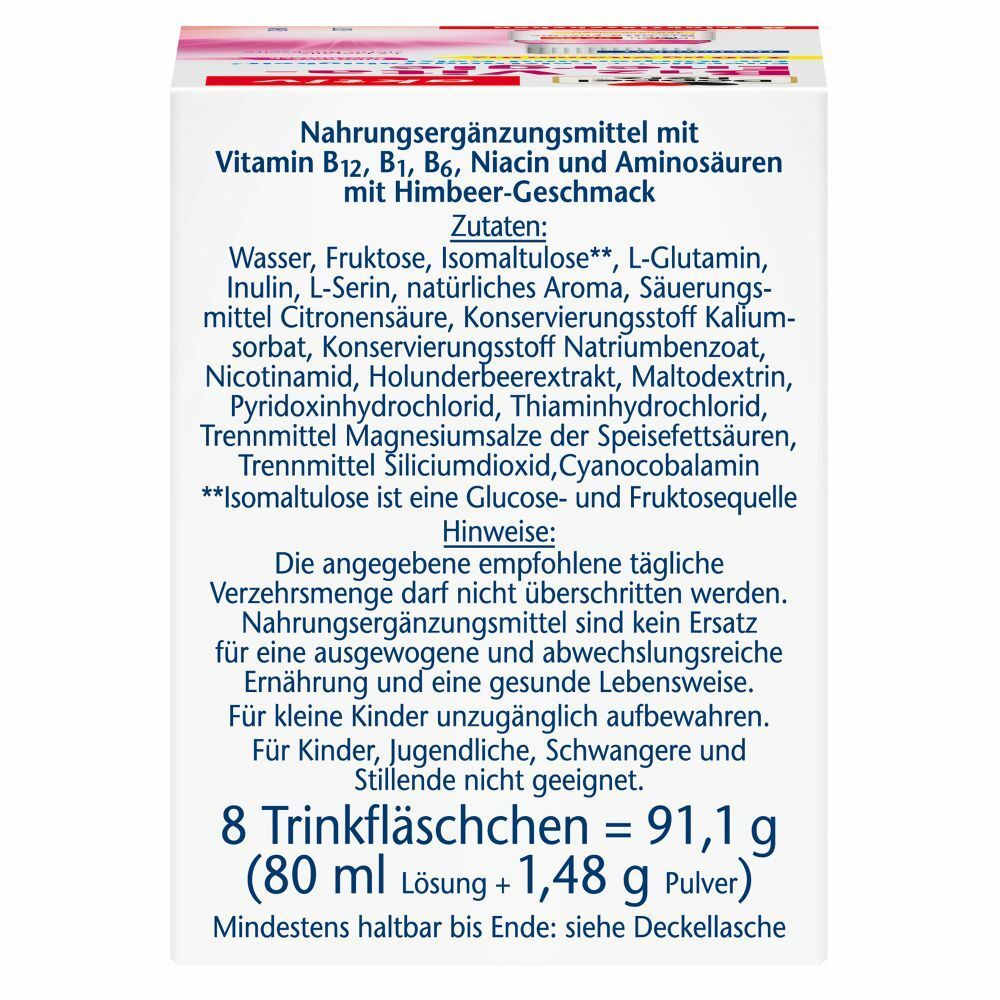 Rückseite der Verpackung von Doppelherz B12 Vita-Energie. Enthält Zutatenliste und Hinweise zur Anwendung.