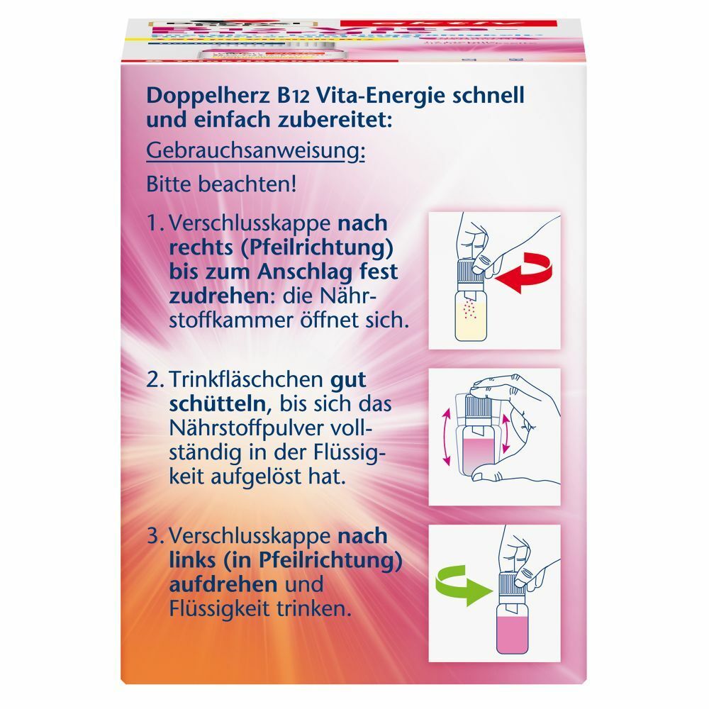 Anleitung zur Zubereitung von Doppelherz B12 Vita-Energie. Schrittweise Darstellung der Anwendung.