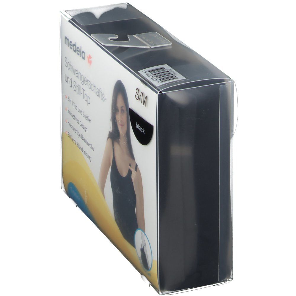 Verpackung mit schwarzem Still-Top. Aufdruck: medela, S/M, schwarz. Frau trägt Top.