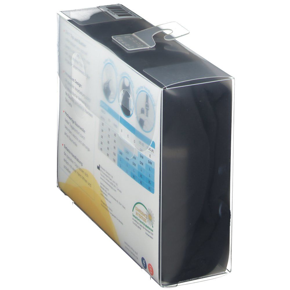 Verpackung, Seitenansicht. Schwarzes Top im Inneren sichtbar. Produktinformationen.