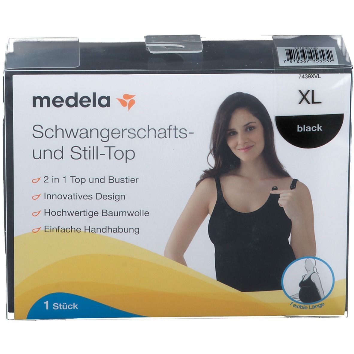 Schwarzes Medela Still-Top in XL-Größe in Verpackung. Aufdruck: 2 in 1 Top und Bustier, innovatives Design, hochwertige Baumwolle, einfache Handhabung.