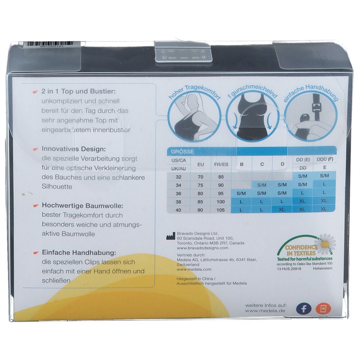 Rückseite der Verpackung des Medela Still-Tops. Text: 2 in 1 Top und Bustier, innovatives Design, hochwertige Baumwolle, einfache Handhabung. Größentabelle.