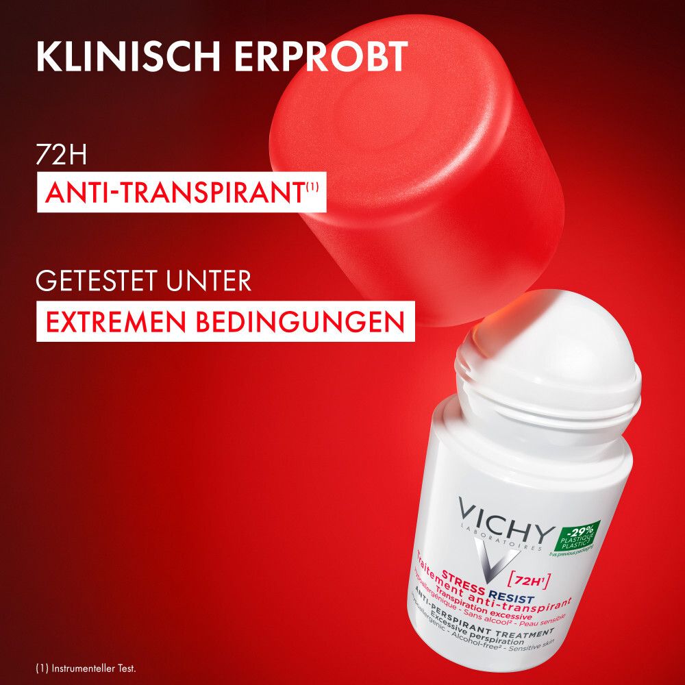 Vichy Anti-Transpirant Roll-On mit rotem Deckel und Kugelapplikator.