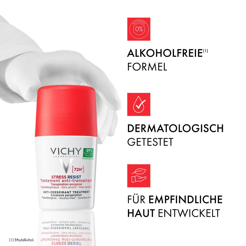 Vichy Stress Resist Roll-On Deodorant mit rotem Deckel.