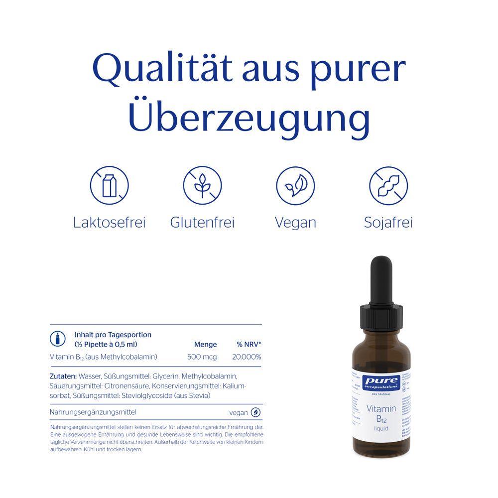 Braune Flasche mit Tropfer. Text: Qualität aus purer Überzeugung. Symbole: laktosefrei, glutenfrei, vegan, sojafrei.