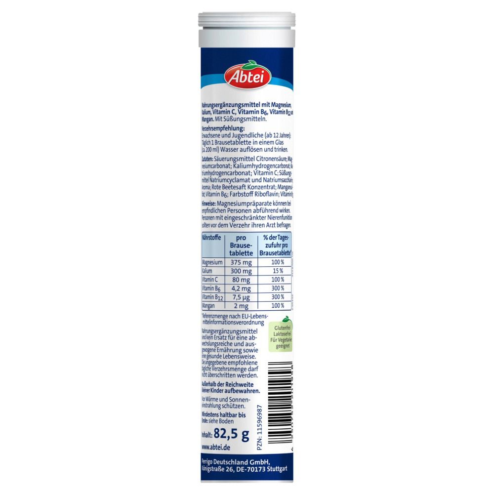 Rückseite der Abtei Magnesium + Kalium Aktiv Plus Brausetabletten-Verpackung. Enthält Informationen zu Inhaltsstoffen und Nährwerten.