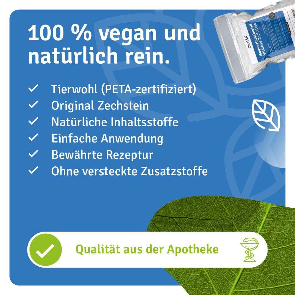 Produktverpackung mit Text: 100 % vegan und natürlich rein. PETA-zertifiziert, Original Zechstein, natürliche Inhaltsstoffe. Qualität aus der Apotheke.