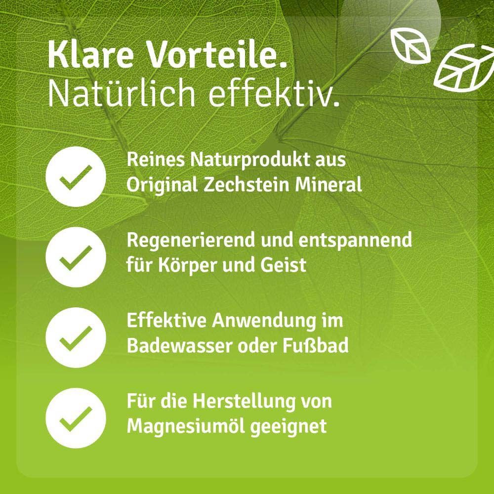 Produktverpackung mit Text: Klare Vorteile. Natürlich effektiv. Reines Naturprodukt, regenerierend, effektiv im Badewasser oder Fußbad.