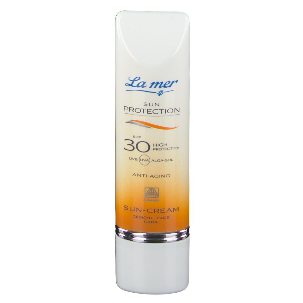 Sonnencreme-Tube, weiß-orange. Aufschrift: La mer, Sun Protection, SPF 30, Anti-Aging, Sun-Cream.