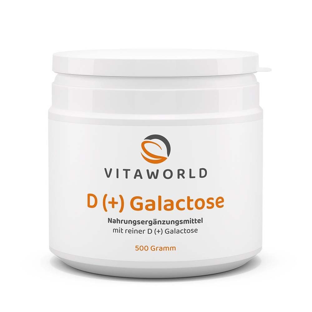 Weißer Behälter mit Deckel. Aufschrift: Vita World, D (+) Galactose, Nahrungsergänzungsmittel. 500 Gramm.