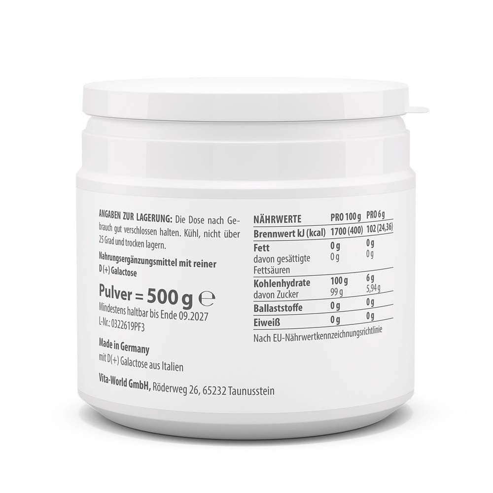 Rückseite des weißen Behälters. Text: Nährwerte, Inhaltsstoffe, Lagerungshinweise, Mindesthaltbarkeit. 500g.